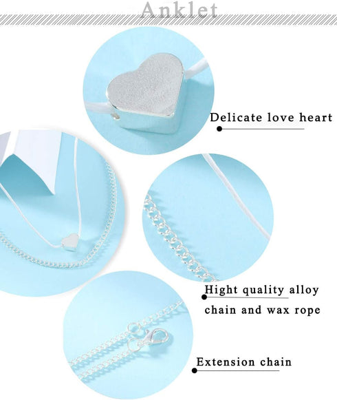 Boho Layered Anklets Silver Love Ankle Bracelets Chain Heart Beach Foot Accessory Jewelry for Women...