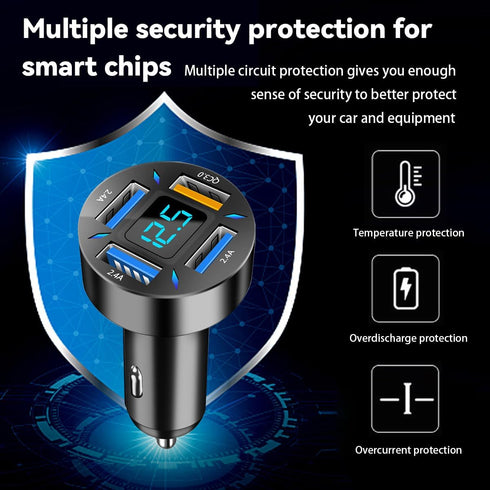 4 Ports USB Car Charger, 66W Super Fast Charging USB QC 3.0, USB Adapter Charger with LED Voltmeter for Car Cigarette Lighter Plug, Compatible wit...