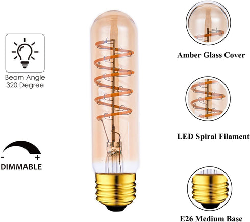 T10 LED Bulbs 40 Watt Equivalent 4W Dimmable Edison Tubular Light Bulb E26 Medium Base 2700K Warm White, T10 Vintage Amber Glass Spiral Filament L...