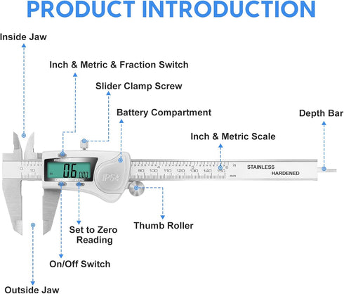Digital Caliper Measuring Tool, IP54 Waterproof Electronic Micrometer Caliper, Stainlee Steel Vernier Caliper with Large LCD Screen, Inch Metric F...