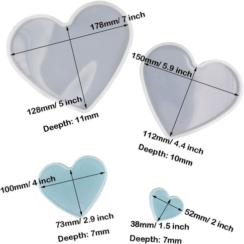 4Set Love Heart Shape Epoxy Mold - Size 18cm, 15cm, 10cm, 5.2cm DIY Resin Casting Silicone Mold (Not Deep Heart)...
