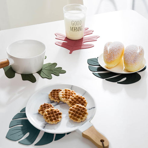 Silicone Trivet Mat Set of 2, Monstera Pot Holders for Hot Pots and Pans, Soft Rubber Multi-Use Trivets for Kitchen Countertops, Tables, Non Slip ...