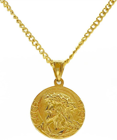 18K Gold Plated Jesus Coin Necklace, Christian Prayer Pendant Necklace for Men Women Religious Necklace...