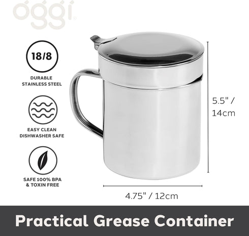 OGGI Stainless Steel Grease Container with Handle, Removable Strainer and Flip Top Lid. Perfect container for fryer oil, bacon drippings, lard and...