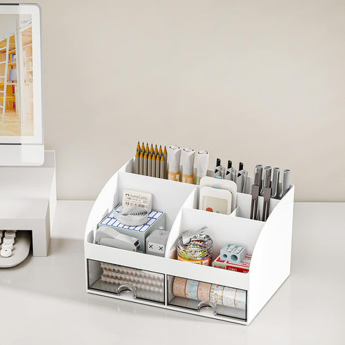 Desk Organizer and Accessories with 6 Compartments and 2 Drawers, Plastic Makeup Organizer, Pen Holder for Desktop Storage, Desk Organization for ...