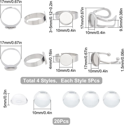 SUNNYCLUE 40Pcs DIY 20 Sets Ring Blanks Adjustable Ring Base Blank Stainless Steel Ring Bezels Round Glass Cabochons Finger Ring Cabochon Settings...