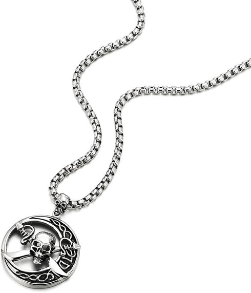 COOLSTEELANDBEYOND Stainless Steel Large Circle Pirate Skull Pendant Necklace for Men, 30 in Chain, Gothic Tribal...