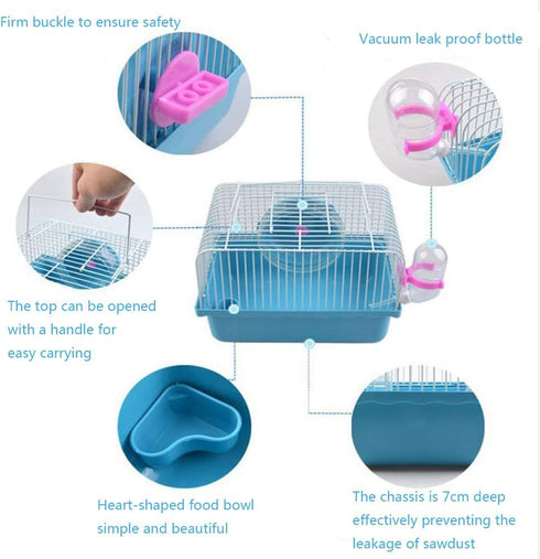 Pet Hamster Cage with Running Wheel Water Bottle Food Basin Portable Carrier House Mice Home Habitat for Going Out, Traveling (Blue)...