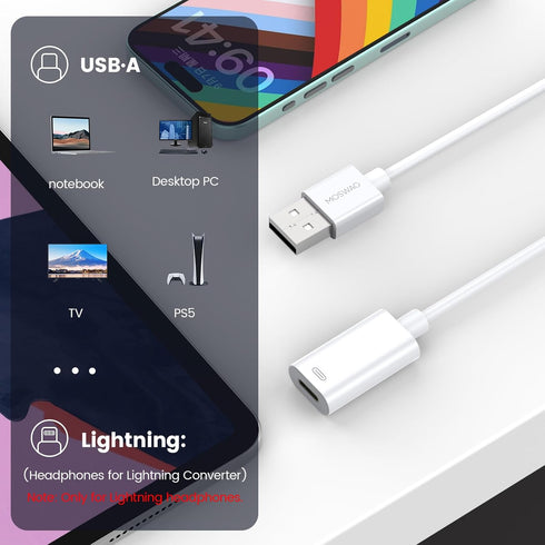 MOSWAG USB Male to Lighting Audio Adapter Cable USB Male to Lightning Female HiFi Audio Headphones Converter Compatible with MacBook Computer PC H...