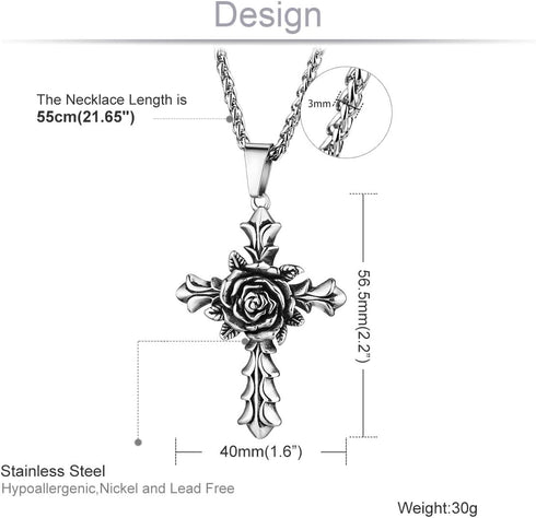 Rose Cross Pendant Necklace for Women Stainless Steel Link Chain Jewelry 21.65"...