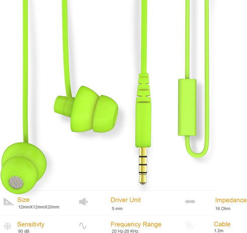 MINi5 Comfort-fit Headphones with Mic Wired Cellphone Earbuds with 3.5mm Jack (Green)...