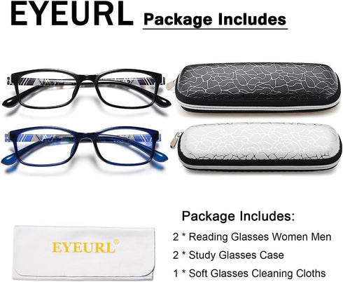 EYEURL Black Computer Reading Glasses 2 Pair Blue Light Blocking 1.75 Magnification Stylish Readers for Women Men Rectangular Frame Transparent Le...