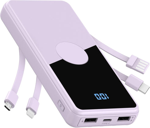Portable Charger with Built in Cables,High Speed Power Bank 10000mAh Travel Battery Pack 5 Outputs 3 Inputs Portable Phone Charger Backup Battery ...