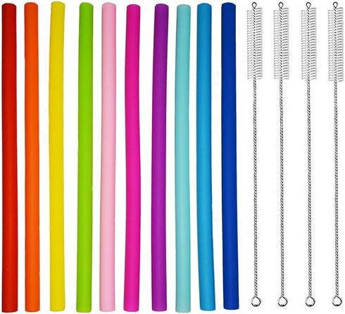 Big Silicone Straws - 10 Pcs Reusable Straws for 30/20 oz Tumblers - Extra Long for Yeti/Rtic/Ozark + 4 Brushes + 1 Red Storage Pouch...