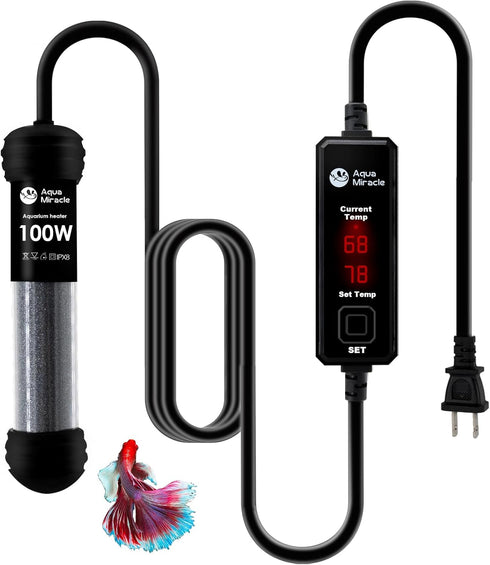 AquaMiracle Upgraded 100W Small Aquarium Heater Fish Tank Heater Turtle Heater Super Mini Aquarium Heater, Dry-Run/Overheating Protection and Memo...
