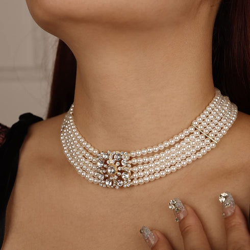 Missgrace Dainty 5 Tier Layered Pearl Rhinestones 1920s Short Choker Necklace for Women Chunky Necklaces Necklace Pearl Pendant Necklaces Pearl Ch...