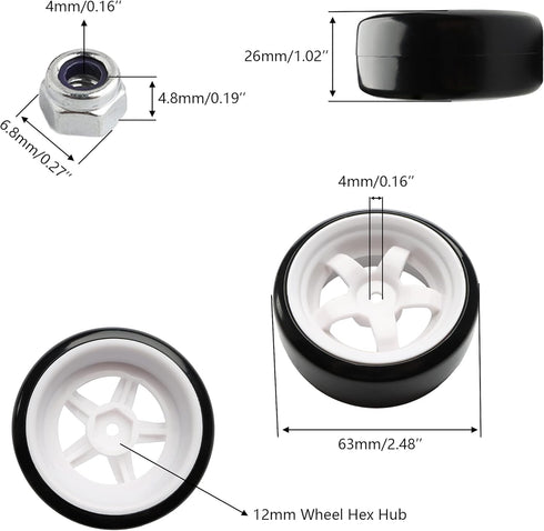 4PCS 12mm Hub Wheels,1:10 63mm Hard Plastic RC Drift Cars On Road Touring Racing Bald Tires for Traxxas HSP Tamiya HPI Kyosho On-Road Drifting Car...