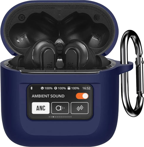 Case Cover for JBL Tour Pro 2, Dark Blue Silicone Protective Shockproof Earbuds Case with Keychain, 2023 Compatible, LCD Touch Screen Visible, Wat...