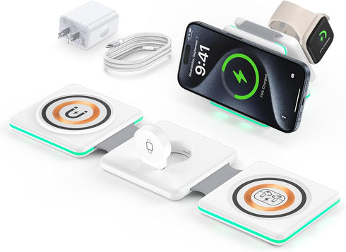 3 in 1 Wireless Charging Station for iPhone 15 Pro Max 14 13 12 Pro Max Mini,AirPods/Pro,iWatch Ultra/SE/9/8/7/6/5/4/3/2, Magnetic Foldable Charge...
