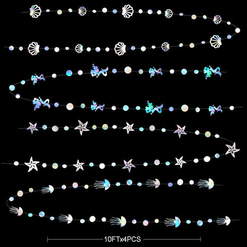 40 Ft Iridescent Mermaid Garland with Jellyfish Seashell Starfish Pearl Holographic Paper Streamer for Little Mermaid Rainbow Theme Birthday Bache...