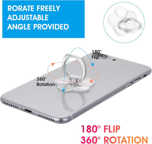 Cell Phone Ring Stands, 2 Pcs 180/360 Degree Rotation Finger Kickstand Transparent Phone Ring Holders with Diamond Glitter Finger Mount with Grip ...