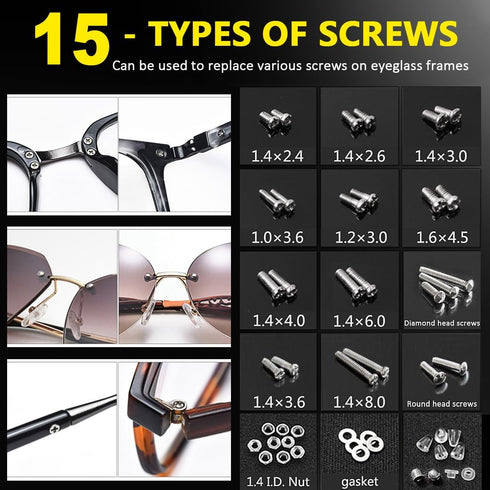 PTSLKHN Eyeglass Repair Kit with Screws, 15 Types Screws for Eyeglasses - Frame Screws, Hinge Screws, Nose Pads Screws - Essential Eye Glasses Rep...