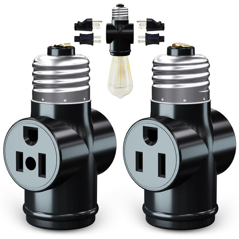 2 Pack, Light Socket to Plug Adapter, Convert E26 Light Socket to 3-Prong Outlet Adapter and Light Bulb Socket (Black)...