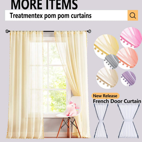 Treatmentex Black Pom Pom Sheer Curtains for Bedroom 63" Linen Texture Decorative Voile Draperies Chic Solid Sheer Curtain Panels for Living Room ...