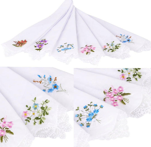 LACS Womens Embroidered Floral Cotton Lace Handkerchiefs White Hankies Pack...