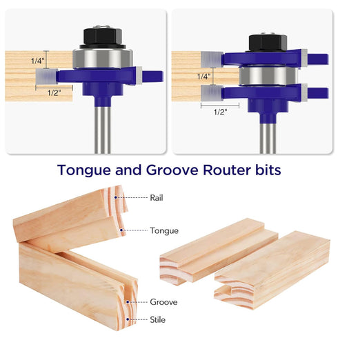 Tongue and Groove Router Bit Set of 2 Pieces 1/2 Inch Shank Router Bits 3 Teeth Adjustable T Shape Wood Milling Cutter Router Bits Sets for Woodwo...