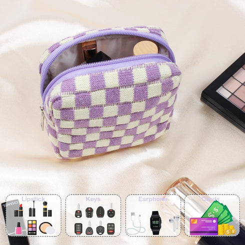 Small Makeup Bag for Purse, Mini Checkered Cosmetic Bag Zipper Cute Make Up Pouch Travel Toiletry Bag Makeup Aesthetic Accessories Storage Bag Org...