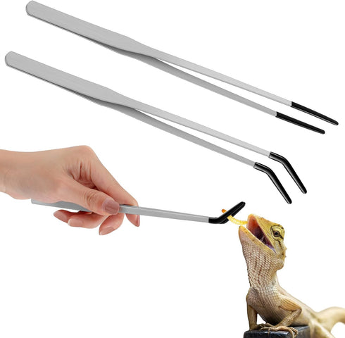 2 Pcs Extra Long Stainless Steel Reptile Feeding Tongs with Rubber Tip Bearded Dragon Aquarium Straight and Curved Long Tweezer Terrarium Feeder T...