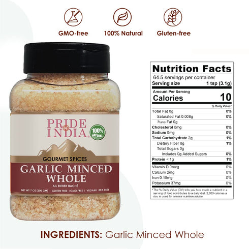 Pride Of India- Garlic Minced Whole- 7oz (200gm)- Made from whole, fresh garlic cloves to give finely grated uniform strips - GMO Free, Vegan, Glu...