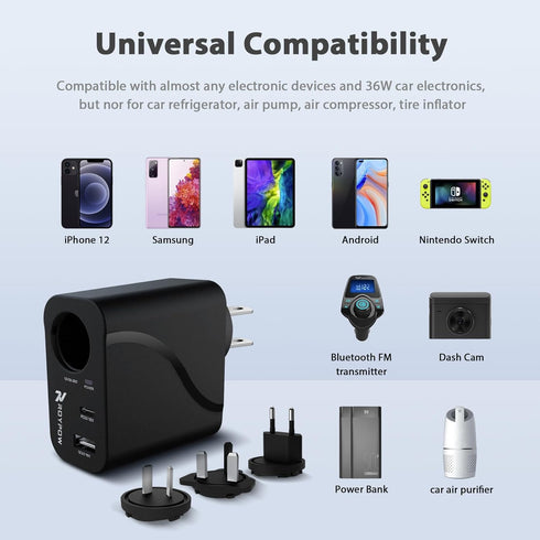 RoyPow AC to DC Converter, 110V/120V to12V Converter, 36W USB C Charger with Car Cigarette Lighter Socket, 3-Ports Wall Charger 18W PD3.0 Travel P...