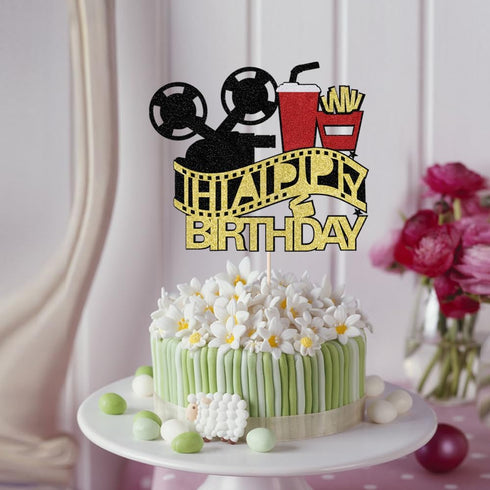 Film Cake Toppe Happy Birthday Sign Cake Topper for Film Projector Movie Night Camera Popcorn Theater Theme Bday Party Celerbrating Supplies (film...