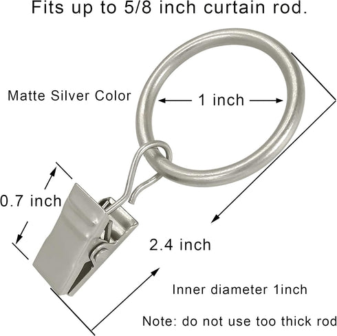 44 Pack Metal Curtain Rings with Clips, Drapery Clips with Rings, Drapes Rings 1 in I D, Fits Diameter 6/8 in Curtain Rod, Matte Silver...