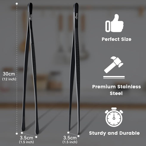 Hotec Kitchen Tweezers Stainless Steel Fine Kitchen Tongs for Cooking, 12-Inch Extra-Long Cooking Tweezers Food Tongs Set of 2, Black...