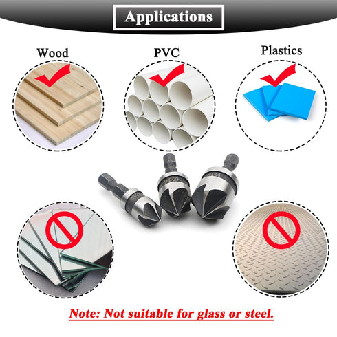 3Pcs Countersink Drill Bits 5 Flute 90 Degree Chamfering Countersink Drill Bit Set with 1/4'' Hex Shank Woodworking Chamfer Drilling Tool Carbon S...