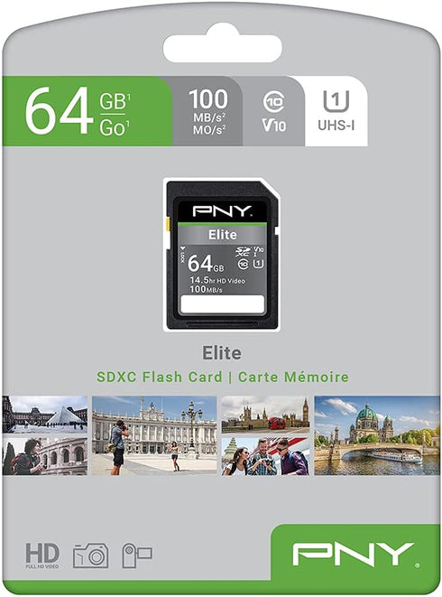 PNY 64GB Elite Class 10 U1 V10 SDXC Flash Memory Card - 100MB/s, Class 10, U1, V10, Full HD, UHS-I, Full Size SD...