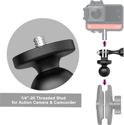 1" Ball Mount Adapter for Insta360 One X2, X, One R, RS, GO 2, GoPro Hero, Compatible with RAM Ball Head Mounts B Size Double Socket Arm...