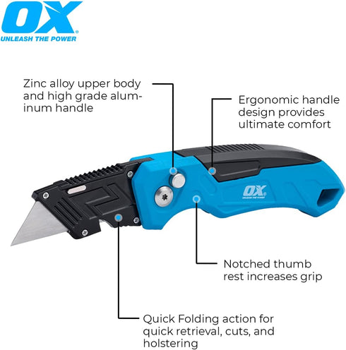 OX Tools Pro Heavy Duty Fixed Blade Folding Knife w/Easy Change Blade Button - Quick Fold Action & Strong Lightweight Construction | Includes 3 Re...