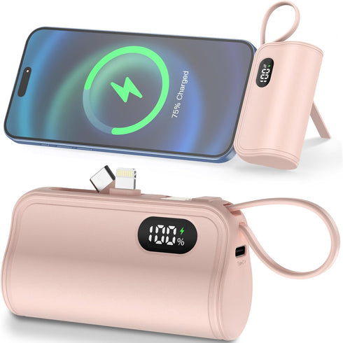 Mini Power Bank Portable Charger with Built-in Lightning&USB-C Connector, Compact Battery Pack Travel Portable Phone Charger Compatible with iPhon...