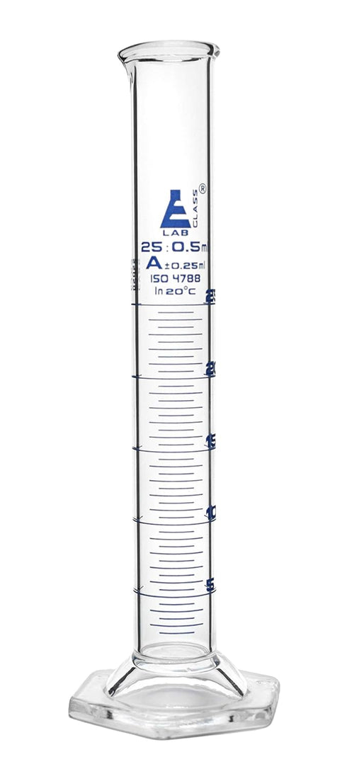 EISCO Graduated Cylinder, 25ml - Class A Tolerance ±0.25ml - Hexagonal Base - Blue Graduations - Borosilicate 3.3 Glass...