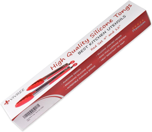 MEKBOK Kitchen Tongs Set - Salad & Grill Stainless Steel Serving Tongs with Silicone Tips - 9"&12" (Red)...
