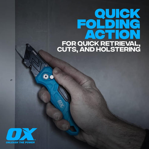 OX Tools Pro Heavy Duty Fixed Blade Folding Knife w/Easy Change Blade Button - Quick Fold Action & Strong Lightweight Construction | Includes 3 Re...