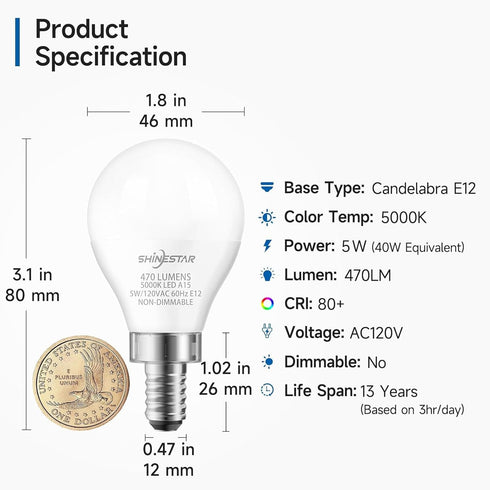 SHINESTAR 3-Pack Ceiling Fan Light Bulbs, Small Base, 120v 40w Equivalent, E12 LED Bulb, 5000K Daylight, Non-Dimmable...