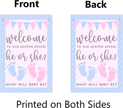 He or She Garden Flag 12x18" Double Sided Pink and Blue Flag Gender Reveal Yard Flag Boy or Girl Baby Footprint Welcome Banner Pregnancy Announcem...
