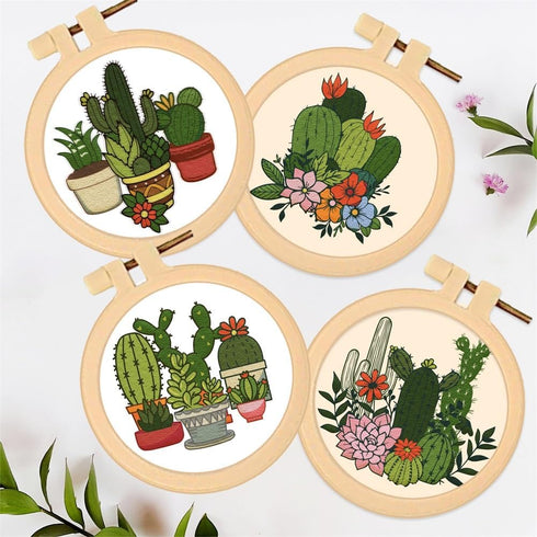 FREEBLOSS 4 Set 3.7'' Small Embroidery Kit with Cactus Patterns and Detailed Instructions, Embroidery Starter Kit for Beginners Cross Stitch Kits ...