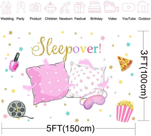 Mocsicka Sleepover Party Backdrop Sleepover Pajamas Pillow Fight Pink Girl Party Decorations Slumber Party Banner Photography Background Cake Tabl...