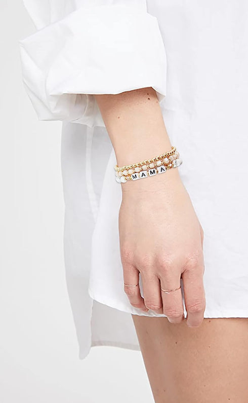 MAMA Bracelet Dainty Gold Crystal Beaded Bracelets Set for Women Stackable 14K Gold Plated Beads Nature Stone Layered Stretch Bracelets Mother's D...
